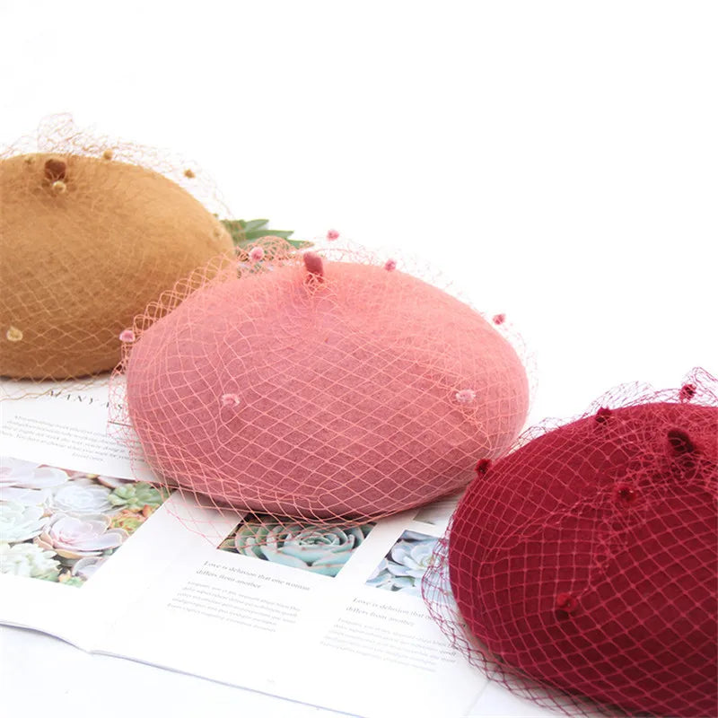 Women's Adjustable Wool Beret With Mesh Veil