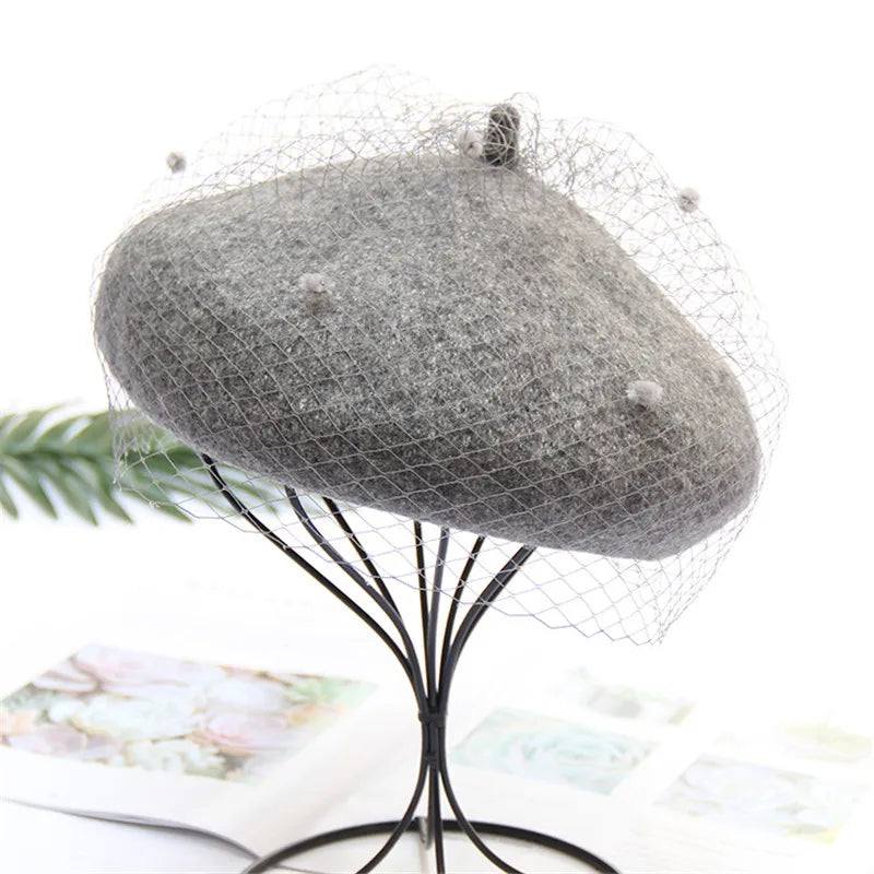 Women's Adjustable Wool Beret With Mesh Veil