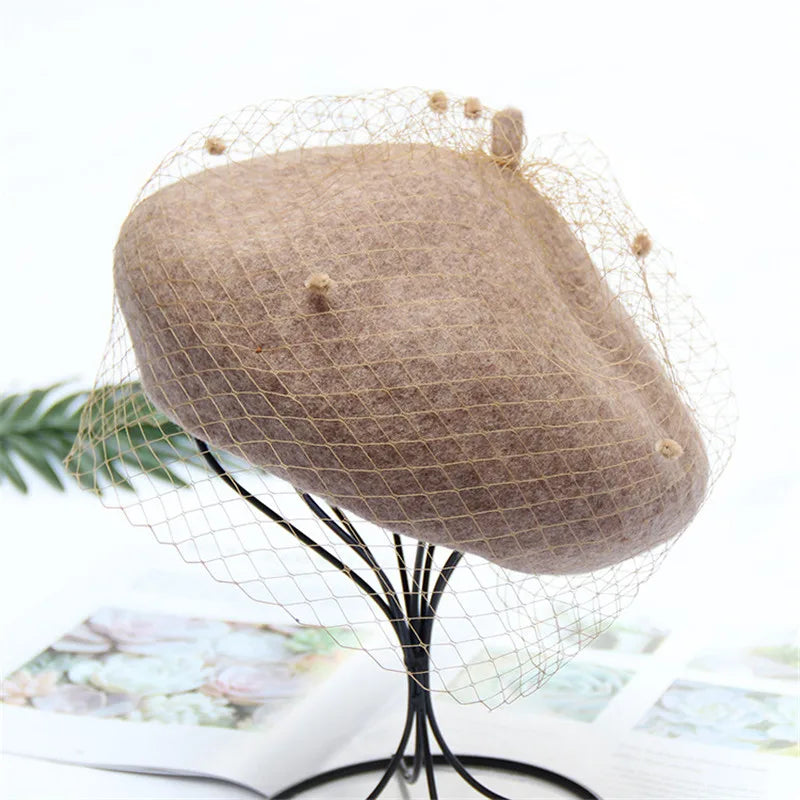 Women's Adjustable Wool Beret With Mesh Veil