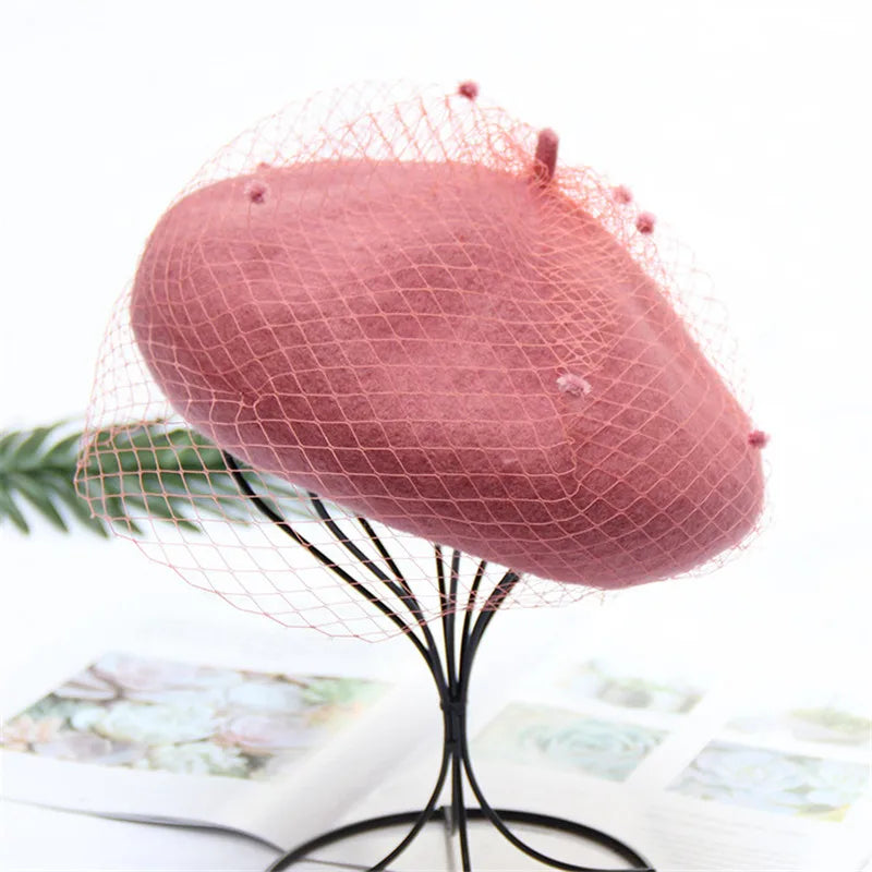 Women's Adjustable Wool Beret With Mesh Veil