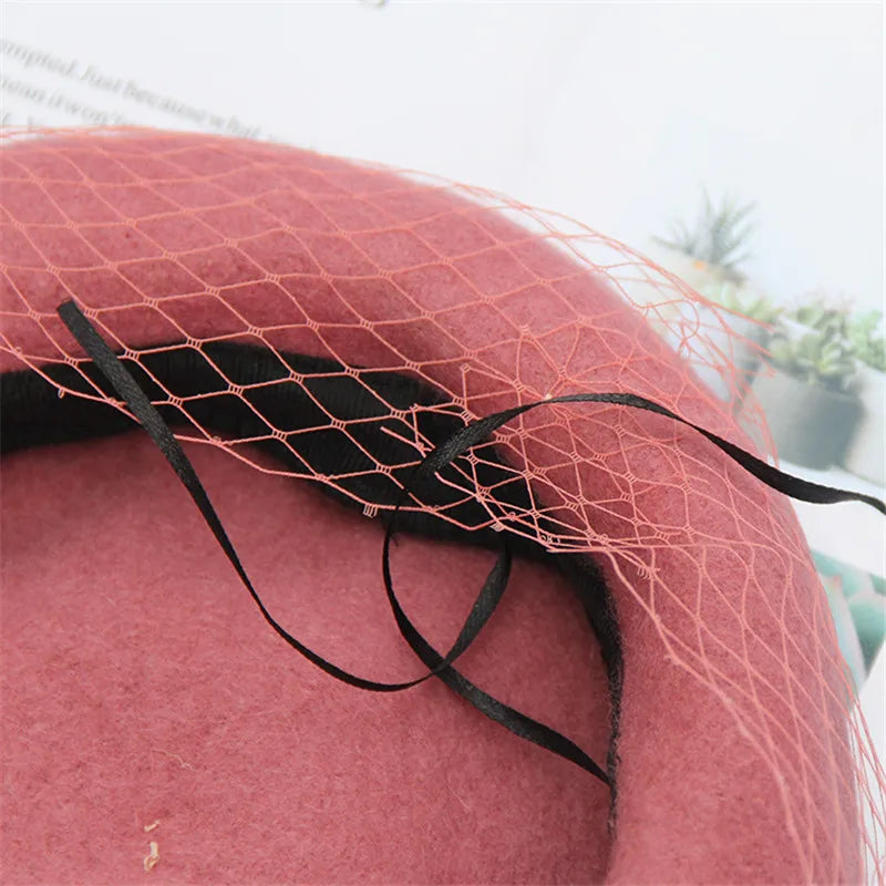 Women's Adjustable Wool Beret With Mesh Veil
