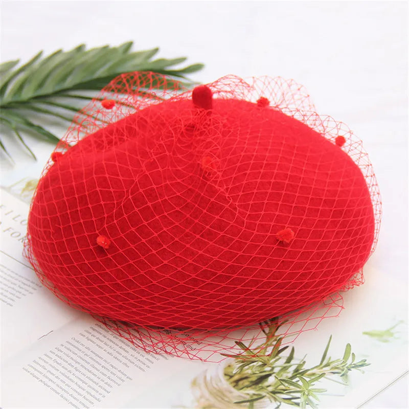 Women's Adjustable Wool Beret With Mesh Veil