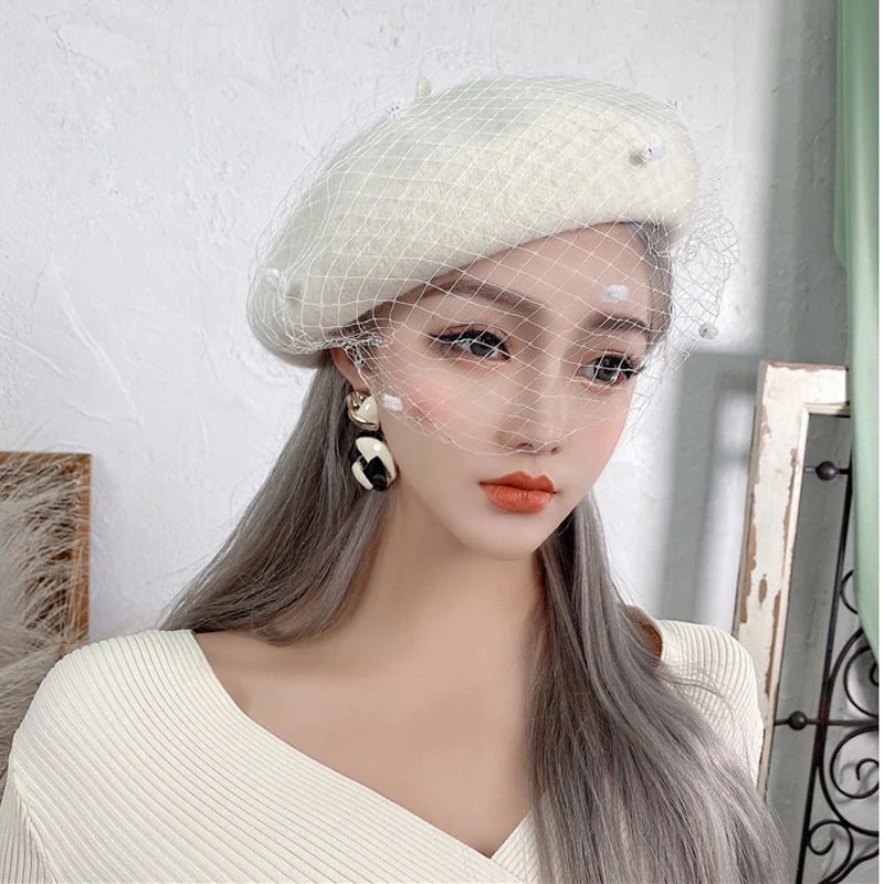 Women's Adjustable Wool Beret With Mesh Veil