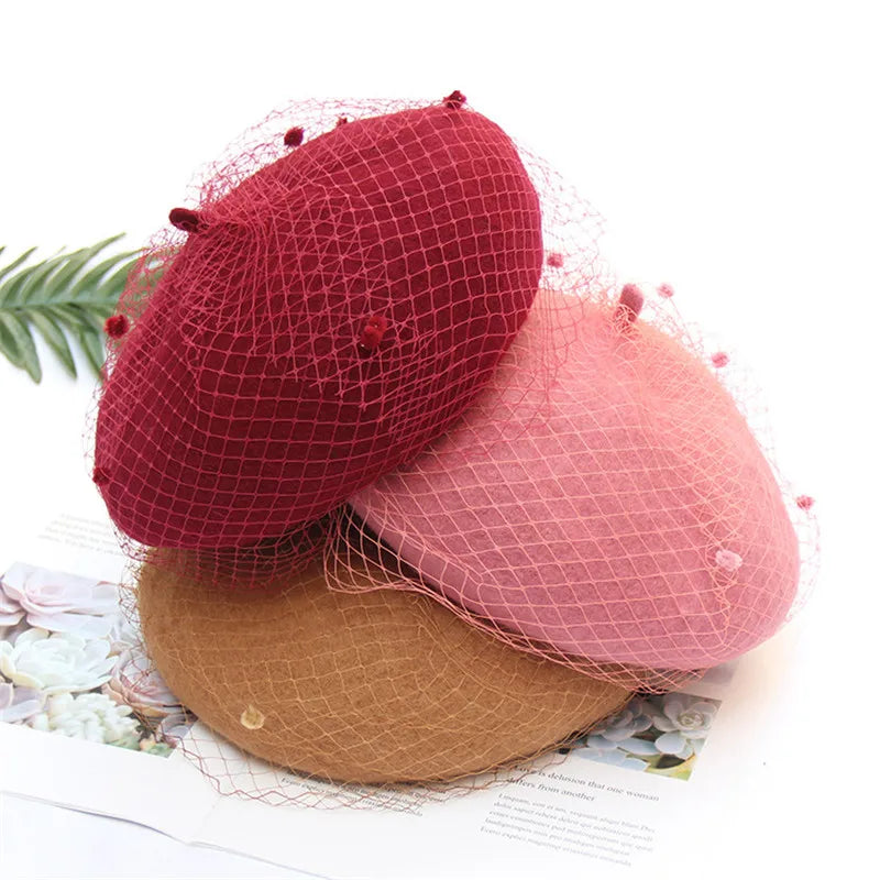 Women's Adjustable Wool Beret With Mesh Veil