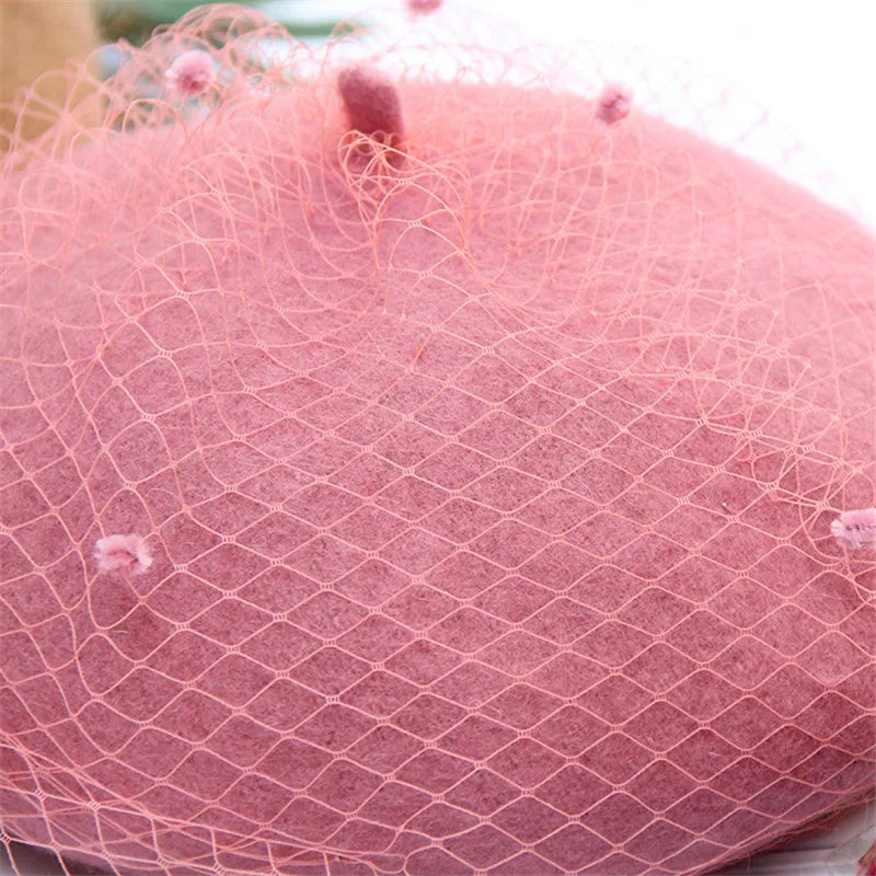 Women's Adjustable Wool Beret With Mesh Veil