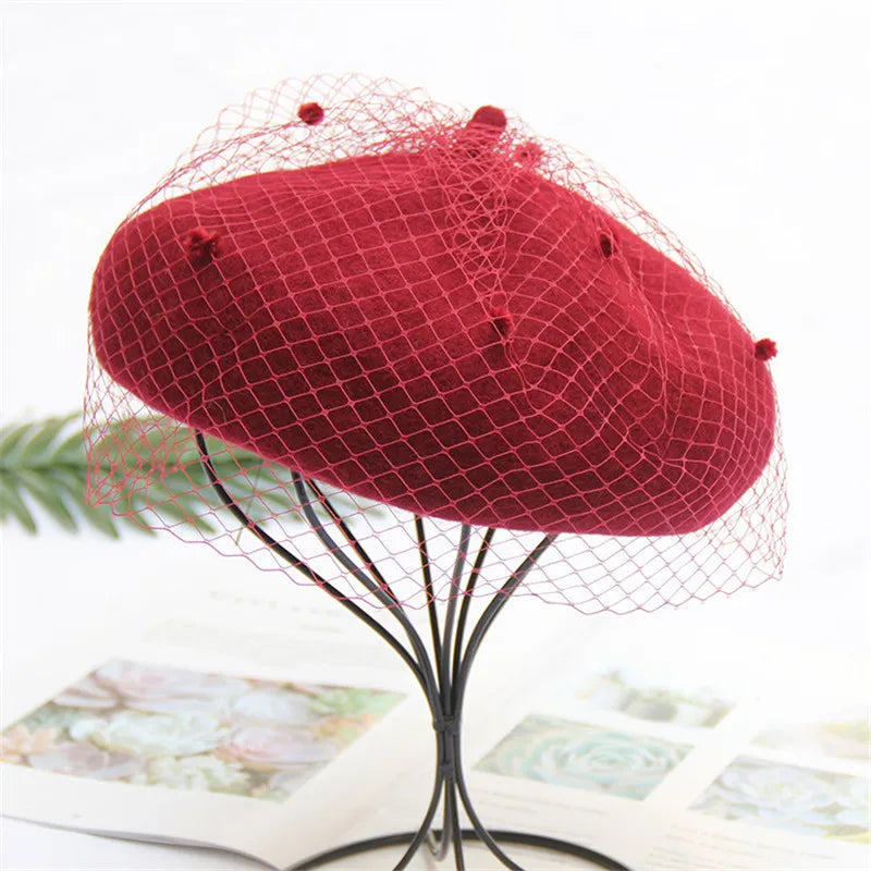 Women's Adjustable Wool Beret With Mesh Veil