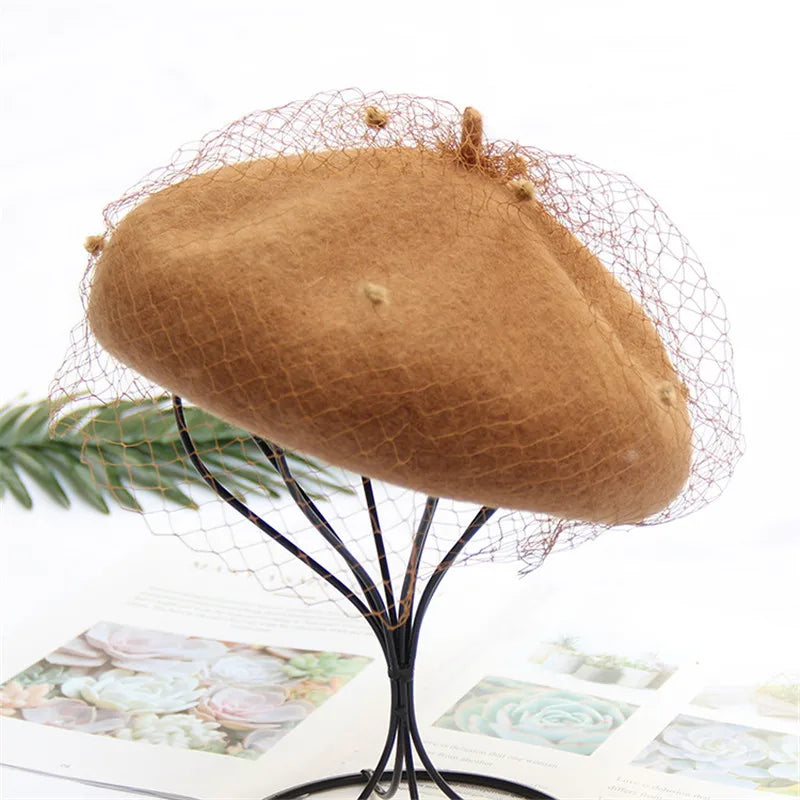 Women's Adjustable Wool Beret With Mesh Veil