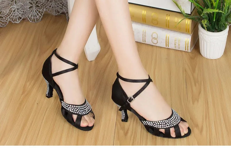 Women’s Open Toe Black Satin Rhinestones Wedding Party Dance Shoes - Pretty Miss Plus