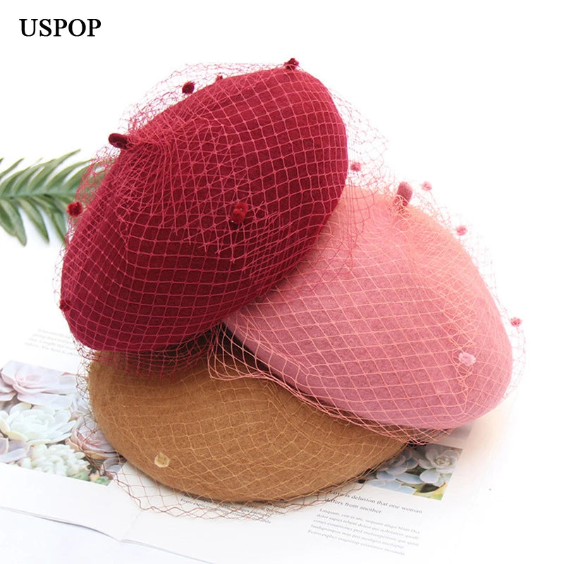 Women's Adjustable Wool Beret With Mesh Veil