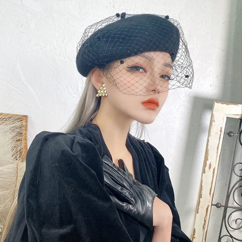 Women's Adjustable Wool Beret With Mesh Veil
