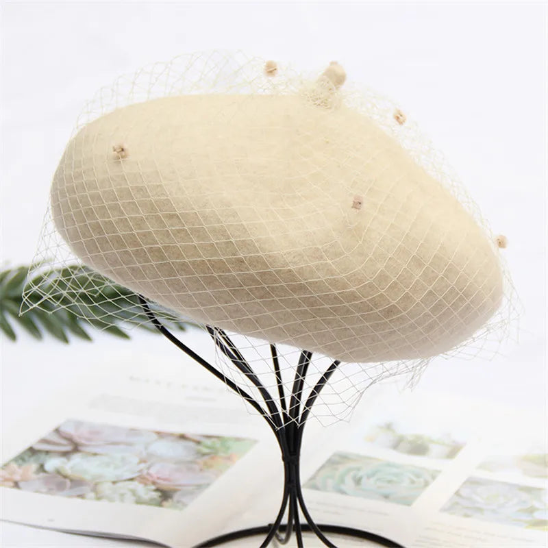 Women's Adjustable Wool Beret With Mesh Veil