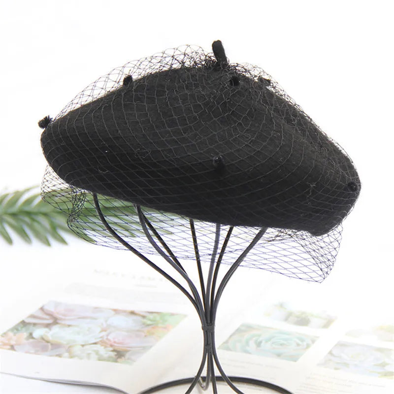 Women's Adjustable Wool Beret With Mesh Veil
