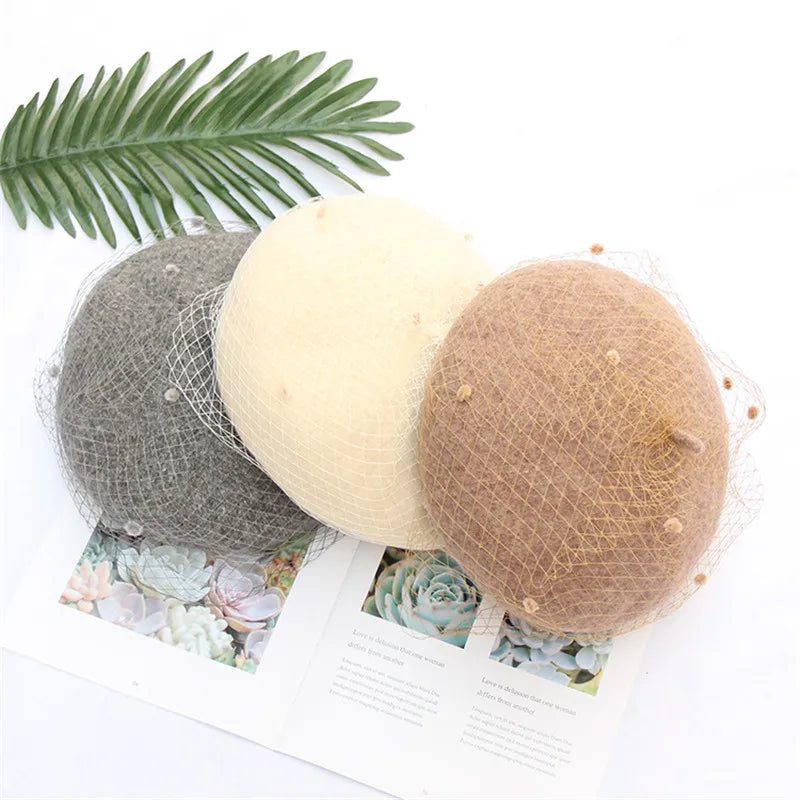 Women's Adjustable Wool Beret With Mesh Veil