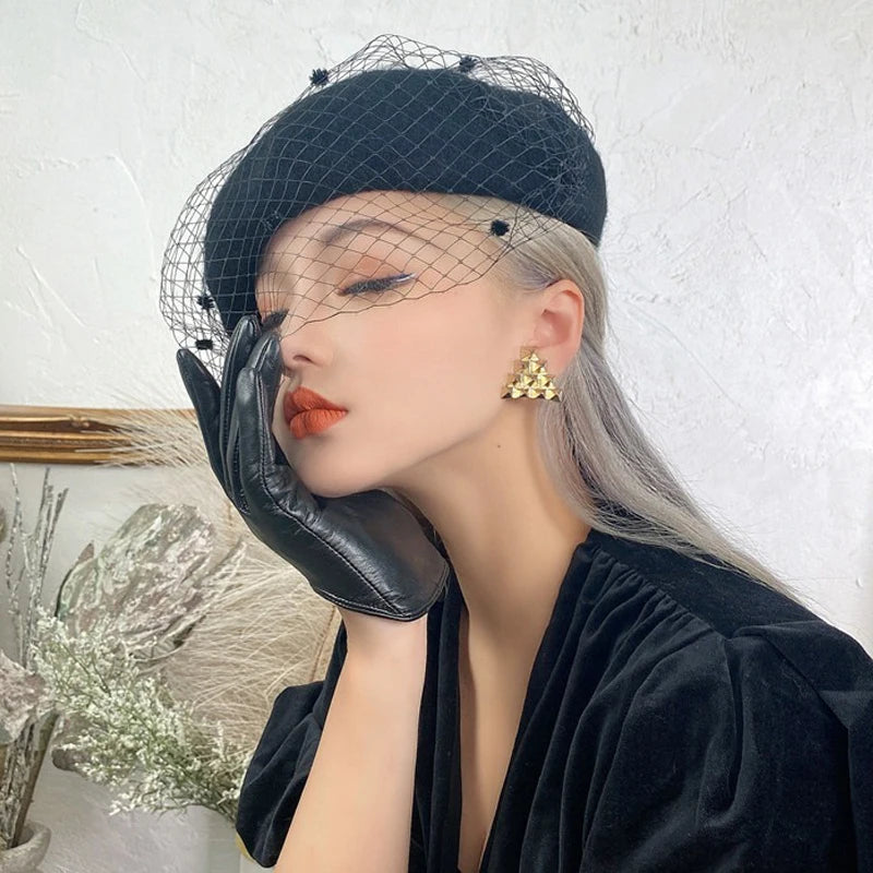 Women's Adjustable Wool Beret With Mesh Veil