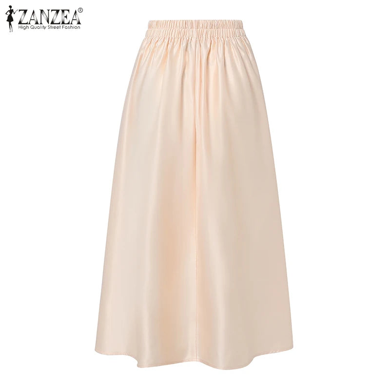 Elegant Women High Elastic Waist Overskirts Satin Skirts Casual Loose Solid Party Jupes Pleating Evening Maxi Faldas