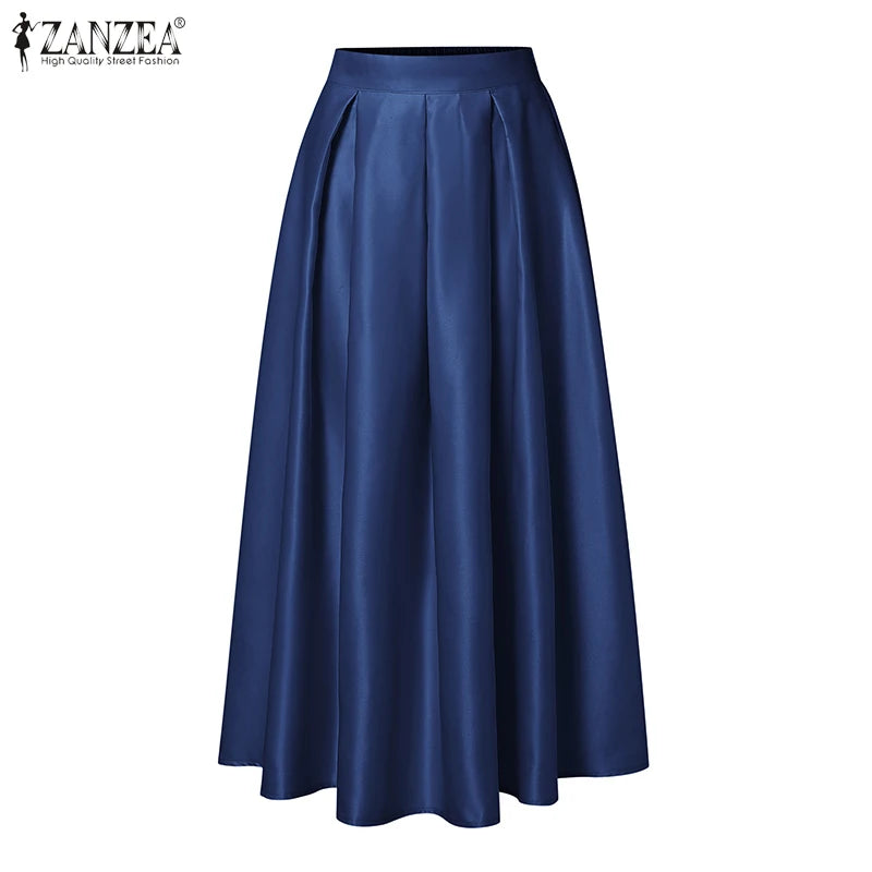 Elegant Women High Elastic Waist Overskirts Satin Skirts Casual Loose Solid Party Jupes Pleating Evening Maxi Faldas