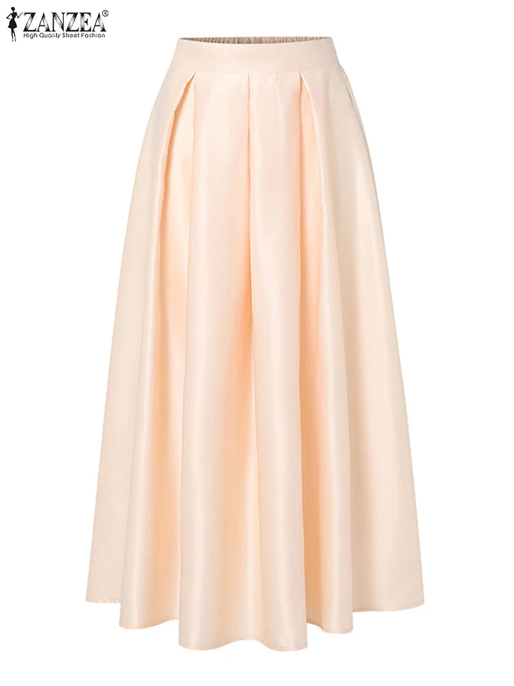 Elegant Women High Elastic Waist Overskirts Satin Skirts Casual Loose Solid Party Jupes Pleating Evening Maxi Faldas