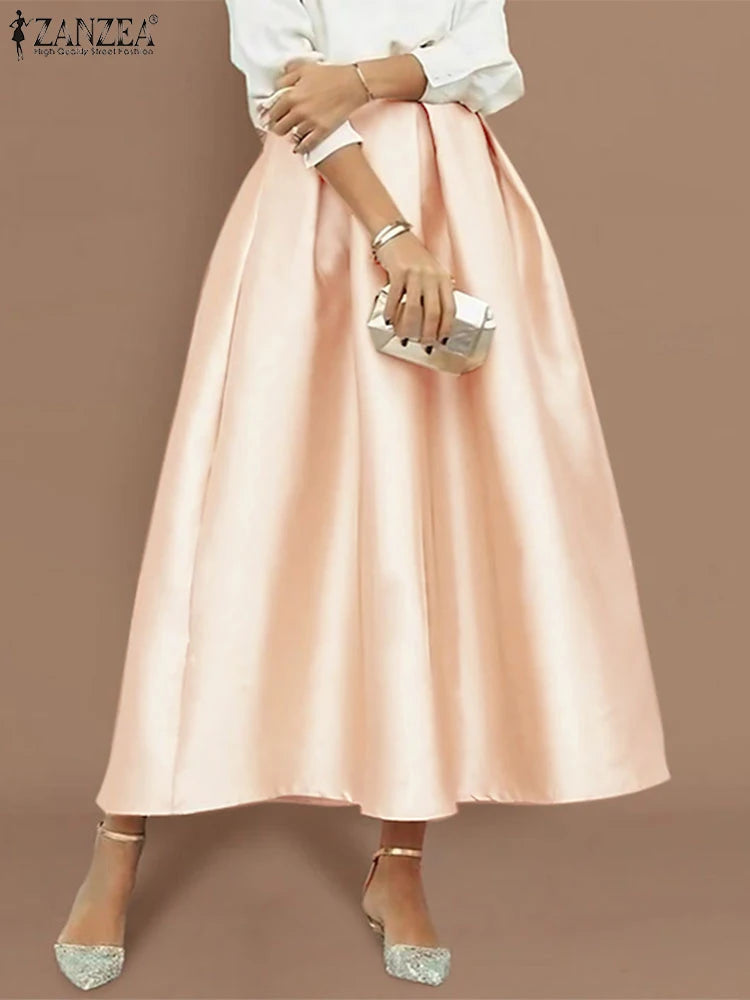 Elegant Women High Elastic Waist Overskirts Satin Skirts Casual Loose Solid Party Jupes Pleating Evening Maxi Faldas
