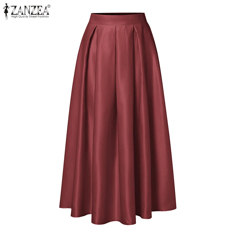 Elegant Women High Elastic Waist Overskirts Satin Skirts Casual Loose Solid Party Jupes Pleating Evening Maxi Faldas