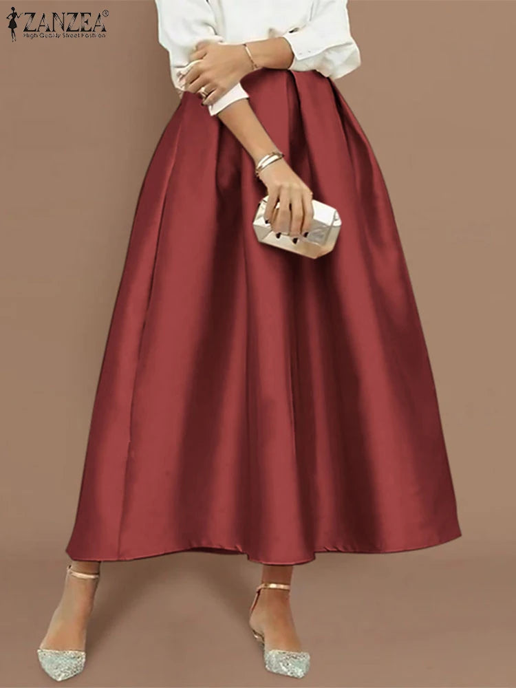 Elegant Women High Elastic Waist Overskirts Satin Skirts Casual Loose Solid Party Jupes Pleating Evening Maxi Faldas