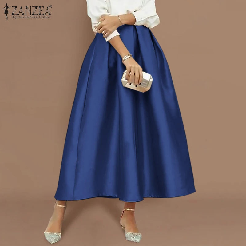 Elegant Women High Elastic Waist Overskirts Satin Skirts Casual Loose Solid Party Jupes Pleating Evening Maxi Faldas