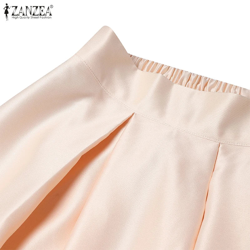 Elegant Women High Elastic Waist Overskirts Satin Skirts Casual Loose Solid Party Jupes Pleating Evening Maxi Faldas