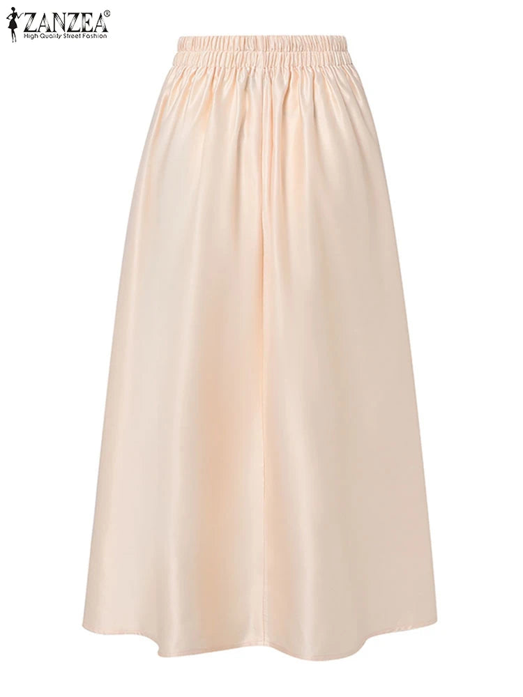 Elegant Women High Elastic Waist Overskirts Satin Skirts Casual Loose Solid Party Jupes Pleating Evening Maxi Faldas