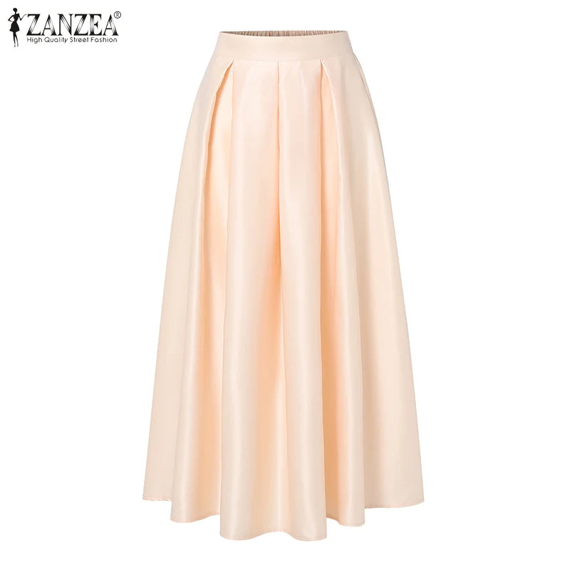 Elegant Women High Elastic Waist Overskirts Satin Skirts Casual Loose Solid Party Jupes Pleating Evening Maxi Faldas