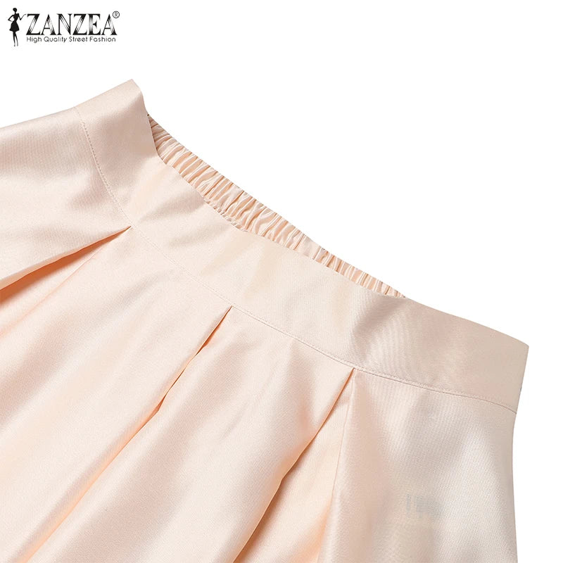 Elegant Women High Elastic Waist Overskirts Satin Skirts Casual Loose Solid Party Jupes Pleating Evening Maxi Faldas