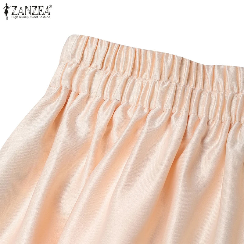 Elegant Women High Elastic Waist Overskirts Satin Skirts Casual Loose Solid Party Jupes Pleating Evening Maxi Faldas