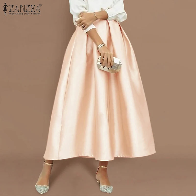 Elegant Women High Elastic Waist Overskirts Satin Skirts Casual Loose Solid Party Jupes Pleating Evening Maxi Faldas