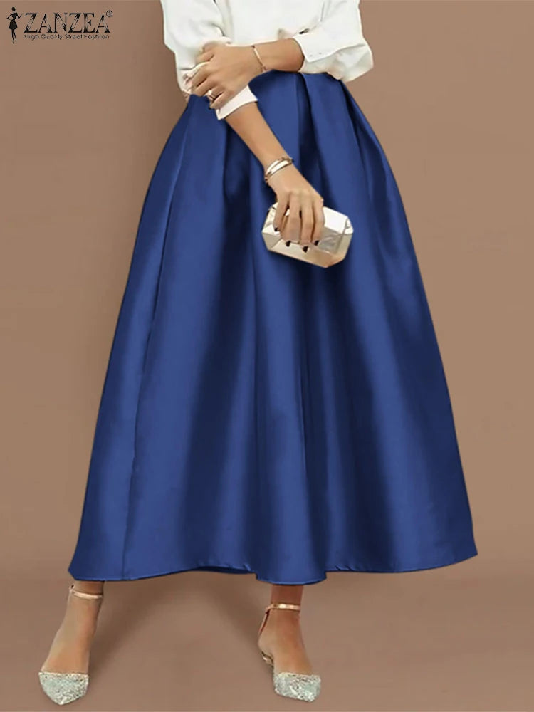 Elegant Women High Elastic Waist Overskirts Satin Skirts Casual Loose Solid Party Jupes Pleating Evening Maxi Faldas