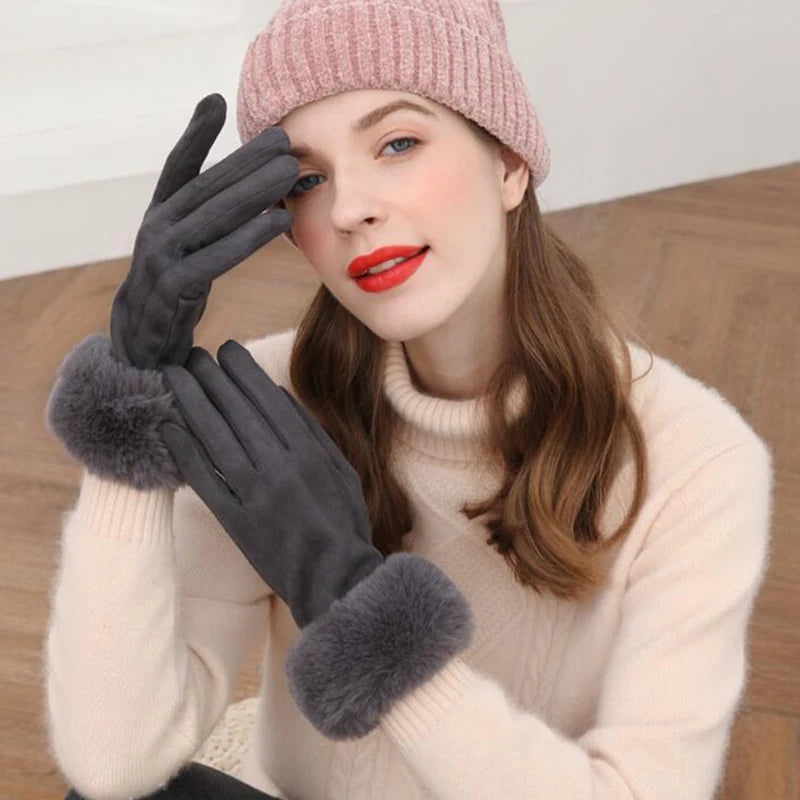 Women’s Warm Faux Suede Leather Touch Screen Gloves With Faux Rabbit Fur Trim And Velvet Lining