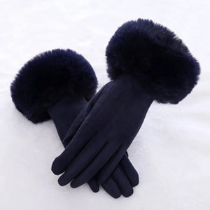 Women’s Warm Faux Suede Leather Touch Screen Gloves With Faux Rabbit Fur Trim And Velvet Lining