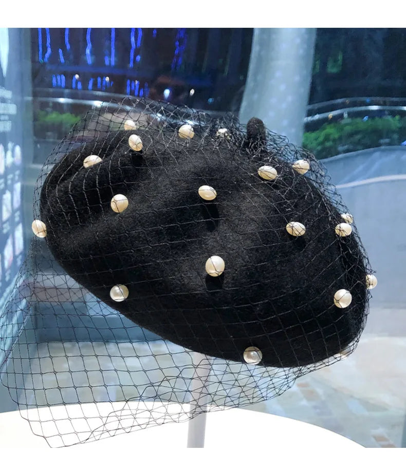 Women’s Pearl Beaded Mesh Beret