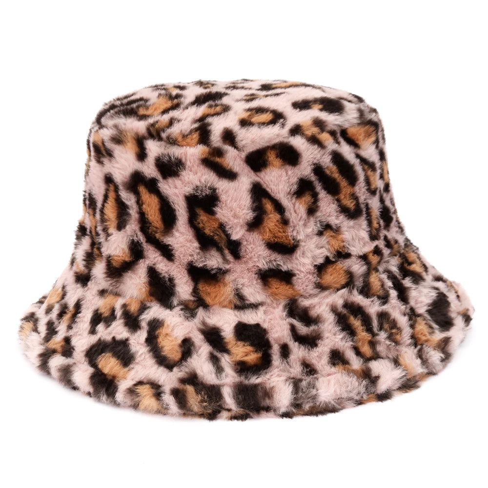 Fashionable Women’s Leopard Print Adjustable Plush Fur Bucket Hat