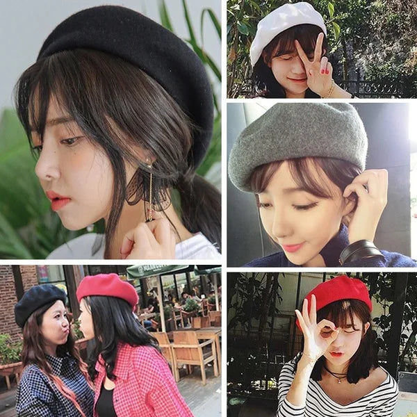 Winter Warm faux Wool Beret Women Girls French Artist Beanie Hat Cap red black purple beige orange Kawaii Flat Top caps warmers