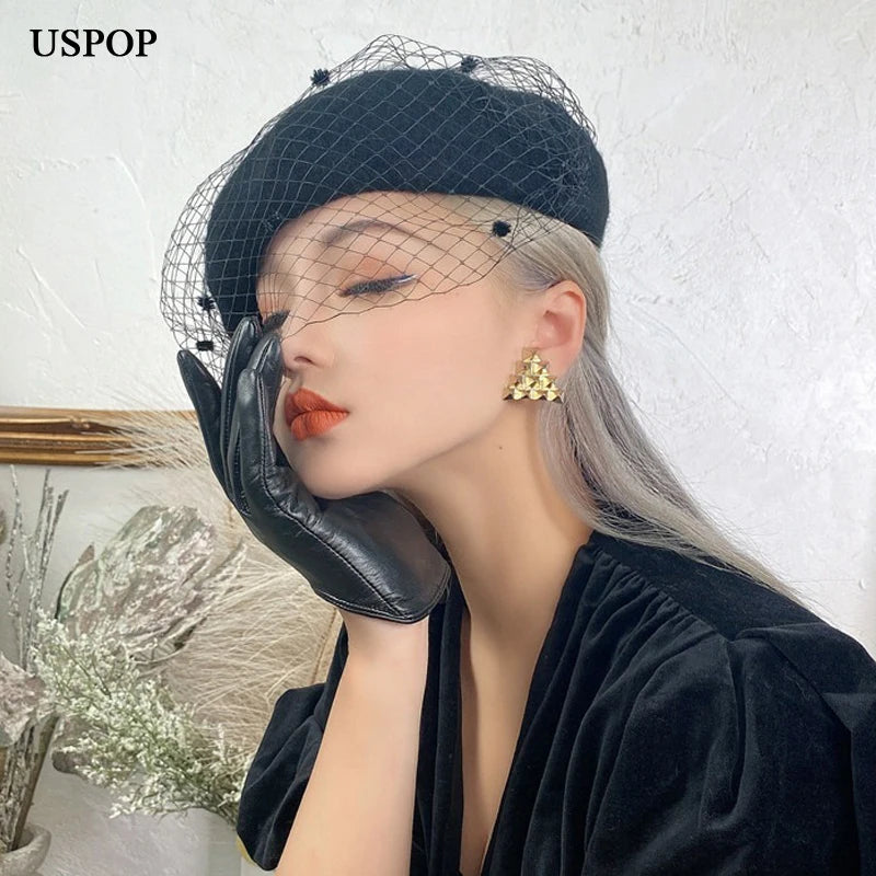 Women's Adjustable Wool Beret With Mesh Veil