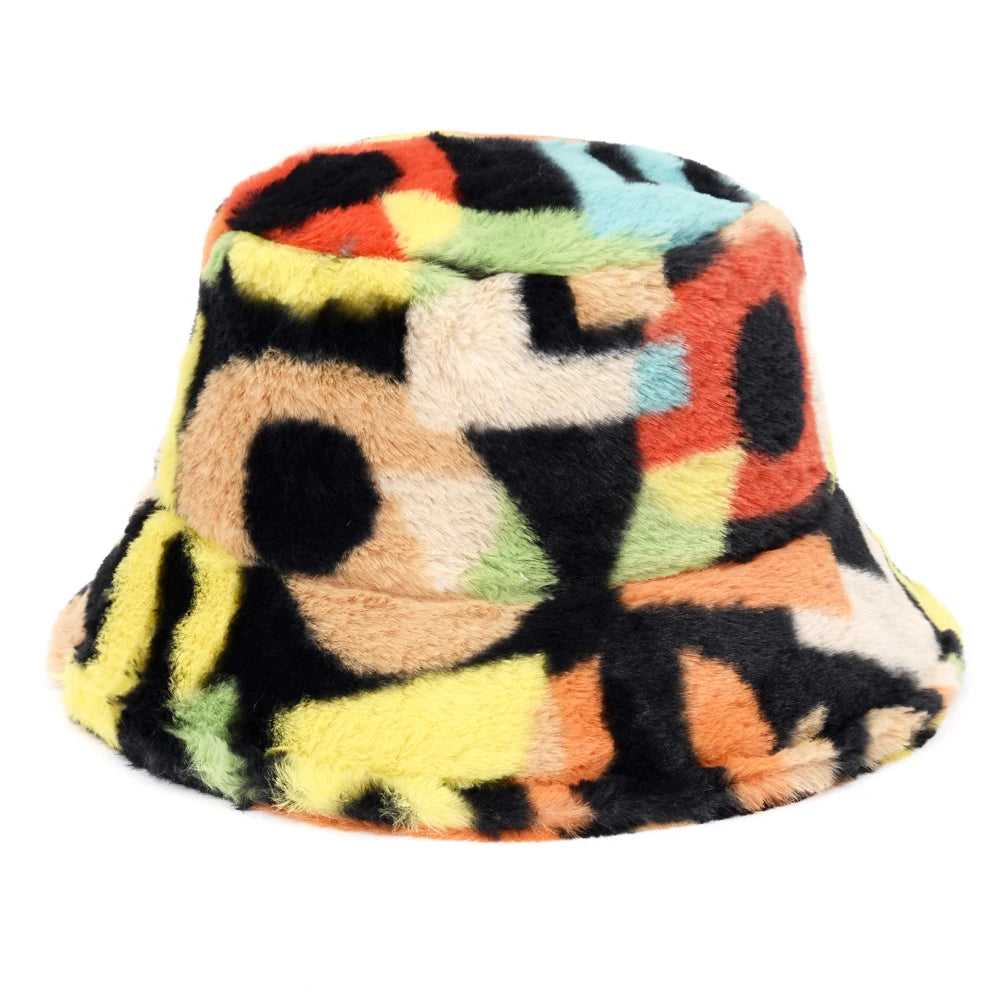 Women’s Leopard Print Adjustable Plush Fur Bucket Hat