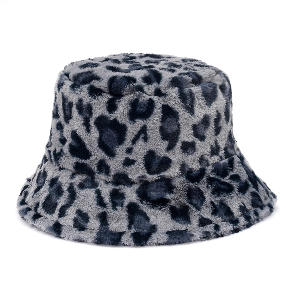 Fashionable Women’s Leopard Print Adjustable Plush Fur Bucket Hat