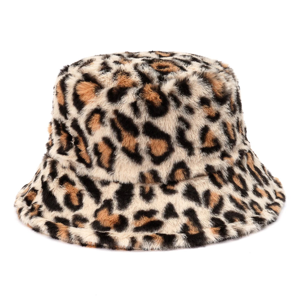 Women’s Leopard Print Adjustable Plush Fur Bucket Hat