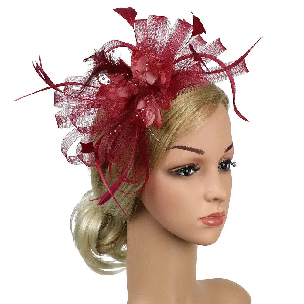 Women Fashion Feather Mesh Fascinator Hat Hair Clip Cocktail Wedding Party Bridal Hat Fascinator Ladies Dress Hair Headband - Pretty Miss Plus