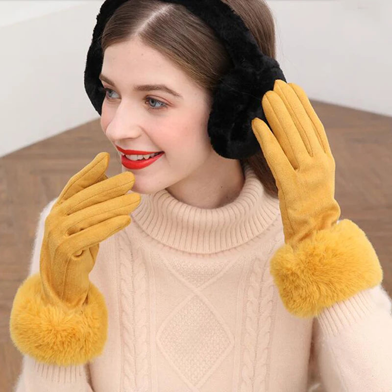 Women’s Warm Faux Suede Leather Touch Screen Gloves With Faux Rabbit Fur Trim And Velvet Lining