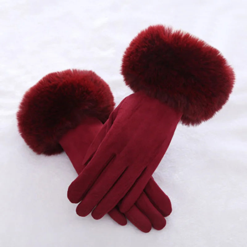 Women’s Warm Faux Suede Leather Touch Screen Gloves With Faux Rabbit Fur Trim And Velvet Lining