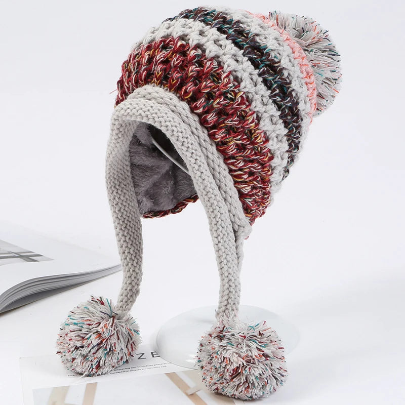 Warm Thick Multi-Stripe Pompon Balls Earflap Cap