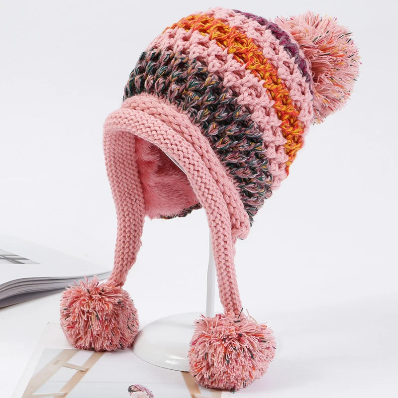 Warm Thick Multi-Stripe Pompon Balls Earflap Cap