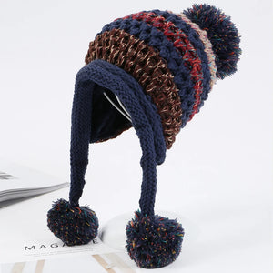 Warm Thick Multi-Stripe Pompon Balls Earflap Cap