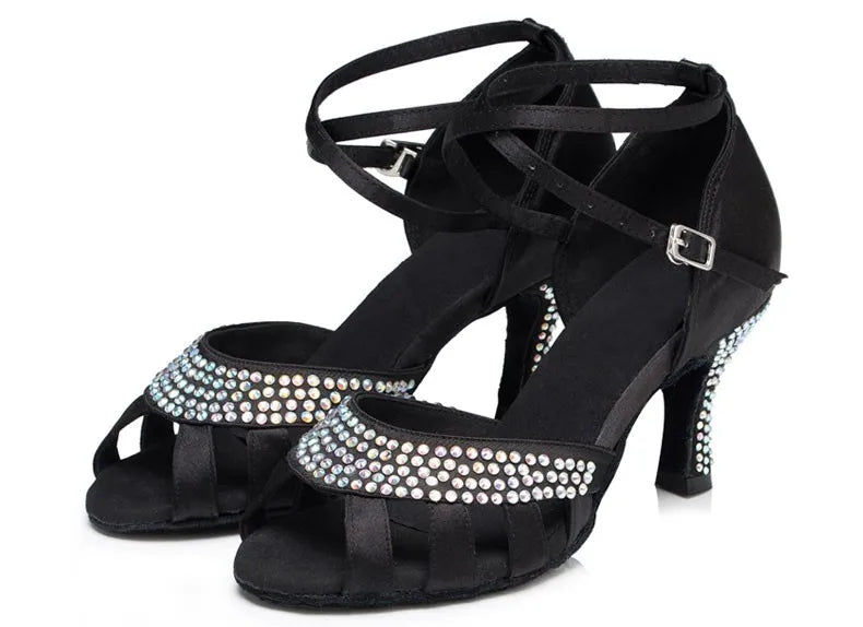 Women’s Open Toe Black Satin Rhinestones Wedding Party Dance Shoes - Pretty Miss Plus