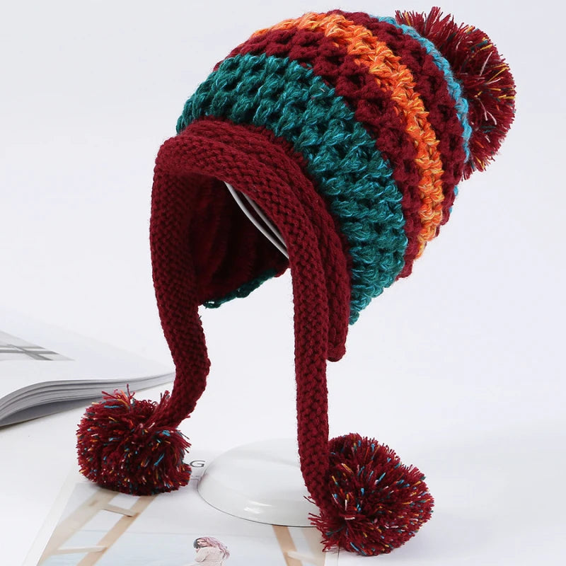 Warm Thick Multi-Stripe Pompon Balls Earflap Cap