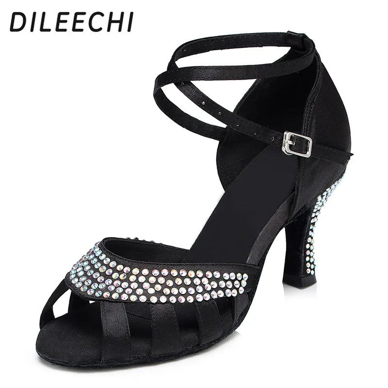 Women’s Open Toe Black Satin Rhinestones Wedding Party Dance Shoes - Pretty Miss Plus